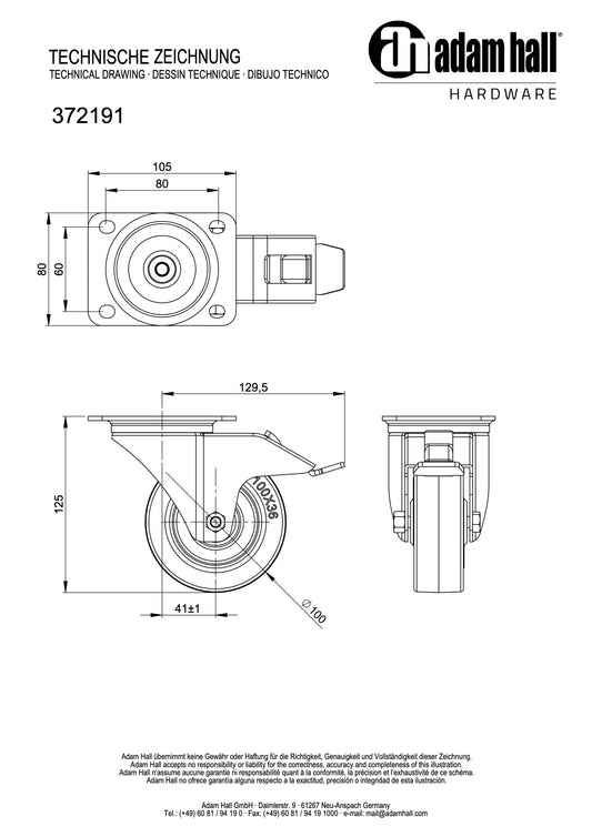 Adam Hall Hardware 372191 - Swivel castor 100 mm, with blue wheel and brake