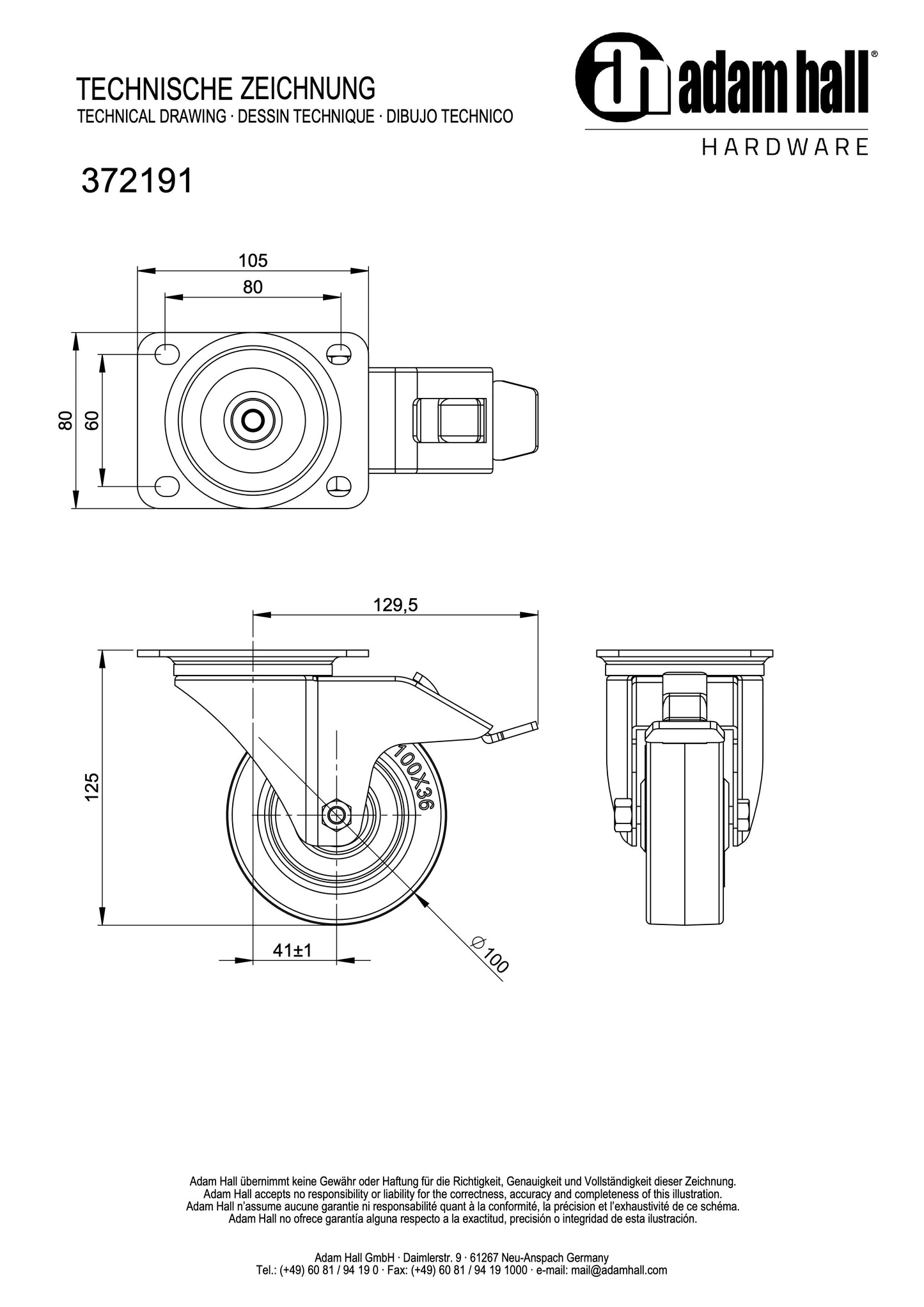 Adam Hall Hardware 372191 - Swivel castor 100 mm, with blue wheel and brake